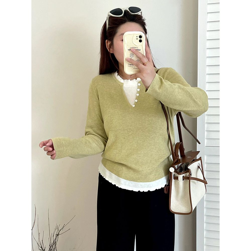 女装撞色假两件木耳边上衣