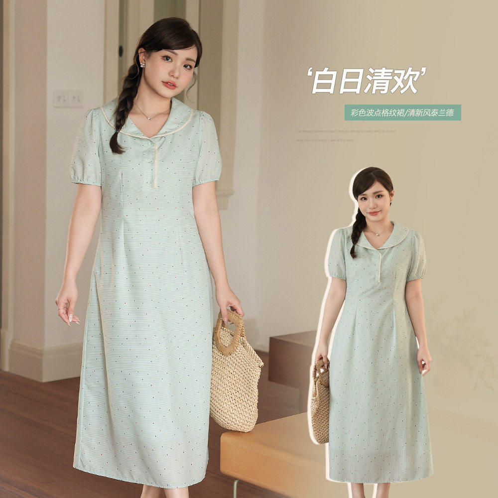 韩版娃娃领撞色格纹花边拼接连衣裙女胖mm大码宽松显瘦裙子时尚潮