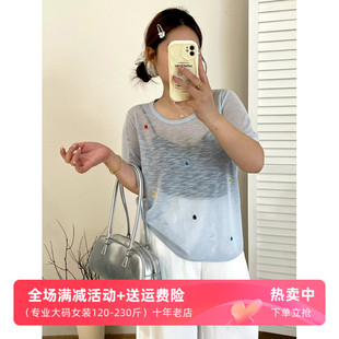 女装 上衣女刺绣花朵针织衫 大码 圆领薄款 t恤显瘦 2025夏款 胖mm短袖