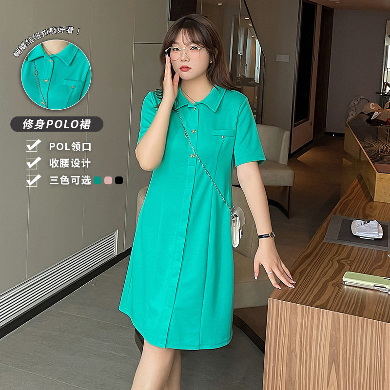 2022夏季新款大码女装200斤胖mm简约韩版修身polo连衣裙甜美显瘦
