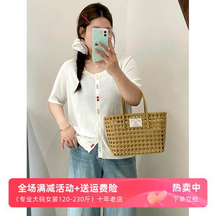 针织开衫 大码 上衣2025夏胖mm百搭宽松短袖 女装 纯色潮 圆领彩扣短袖