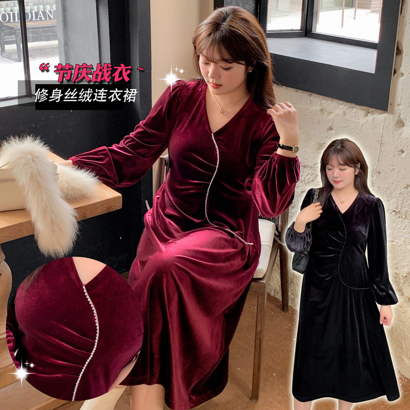 2023大码女装名媛风红色新年订婚/敬酒服丝绒胖妹妹长款连衣裙潮