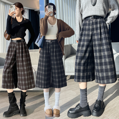 【呼呼严选】七分裤格子女秋冬复古过膝靴裤中长裤【配皮带】2009