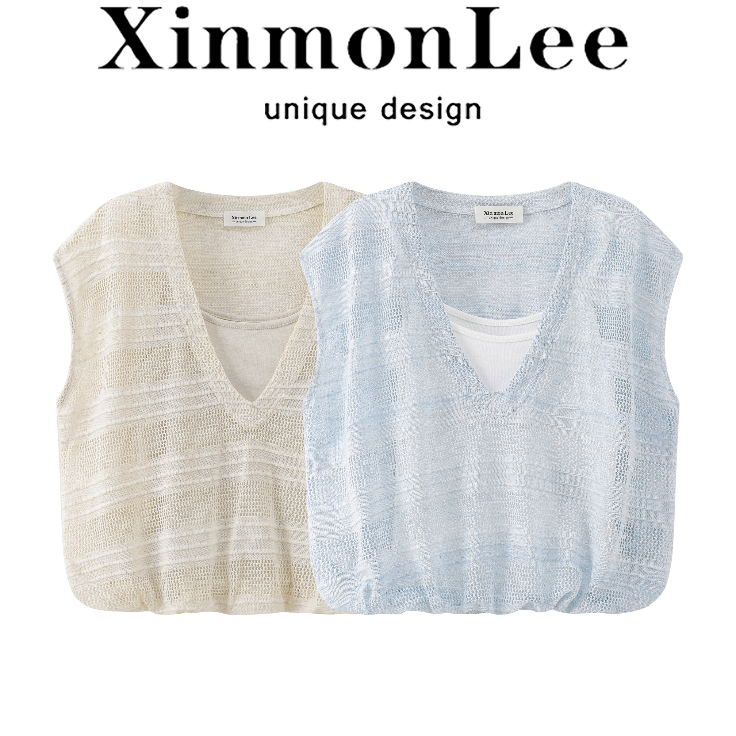 XinmonLee镂空罩衫假两件V领拼接背心夏季亲肤透气显瘦花苞小衫