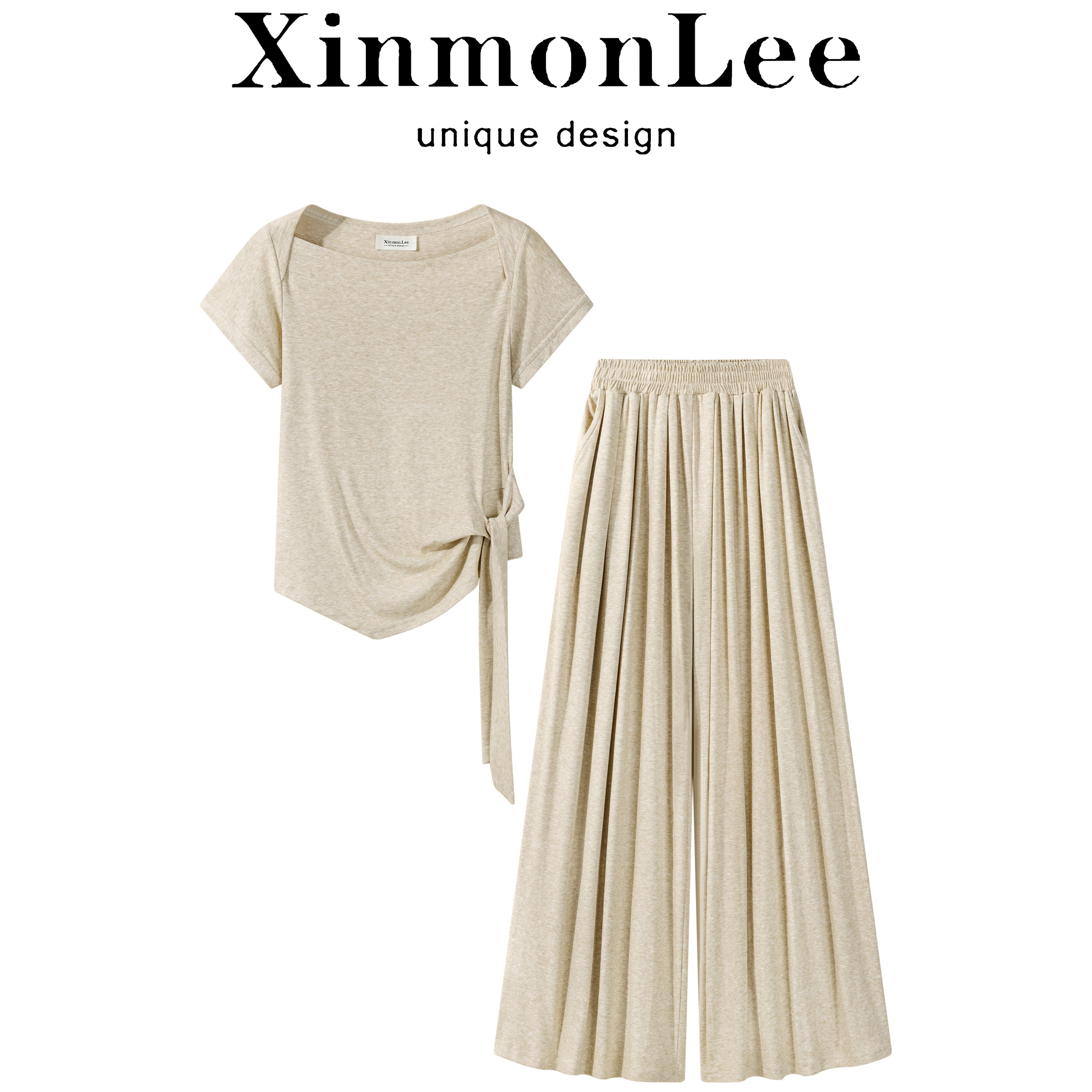 XinmonLee韩系慵懒风绑带显瘦T恤高腰阔腿裤两件套女夏季气质减龄