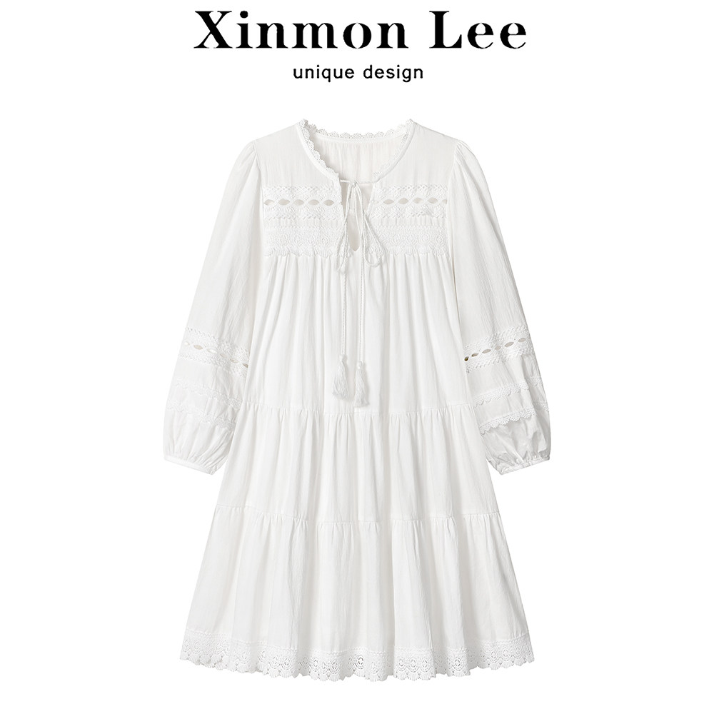 XinmonLee气质温柔法式复古白色连衣裙女设计感宽松蕾丝拼接裙子
