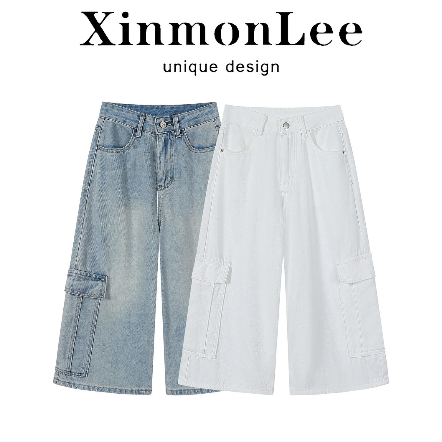 XinmonLee气质减龄浅色系白色牛仔阔腿裤夏季韩版工装七分裤显瘦