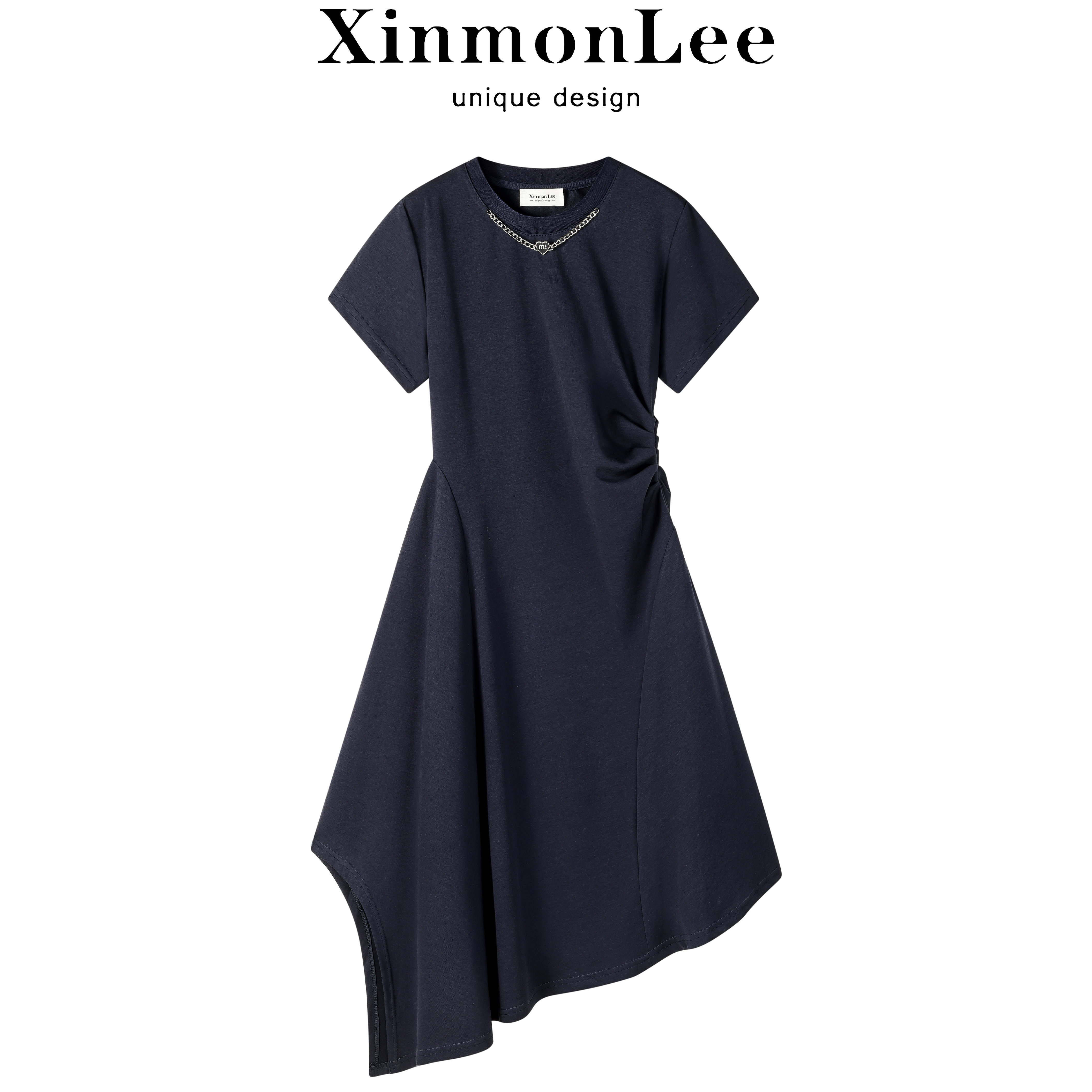 XinmonLee简约百搭不规则连衣裙女夏短袖收腰修身显瘦黑色A字裙