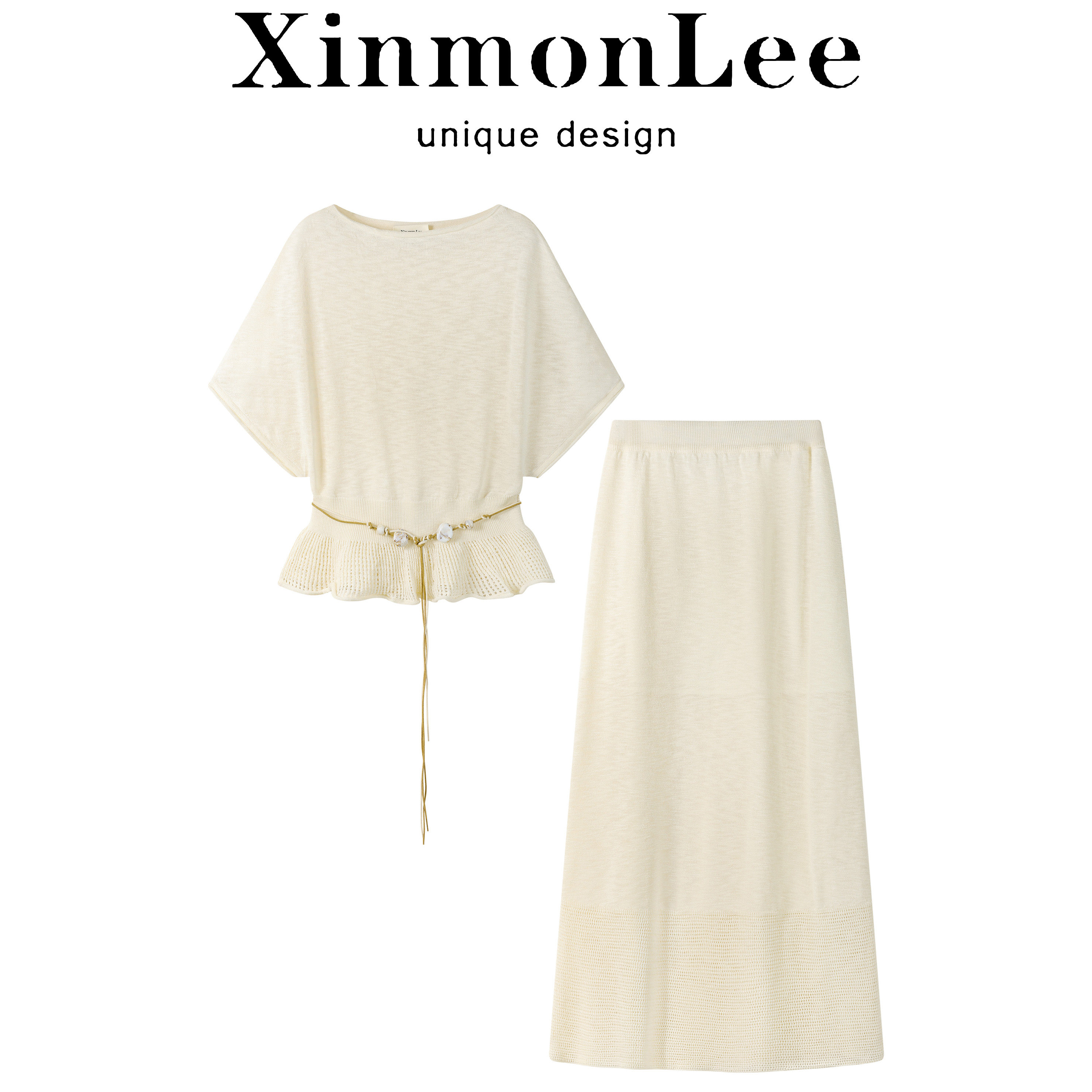 XinmonLee温柔风韩系杏色蝙蝠袖针织T恤短袖夏垂感亲肤半身裙套装