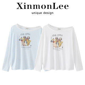XinmonLee蕾丝斜肩休闲印花长袖T恤女防晒服薄款透气慵懒上衣罩衫
