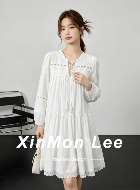 XinmonLee法式气质温柔复古白色连衣裙女设计感宽松蕾丝拼接裙子