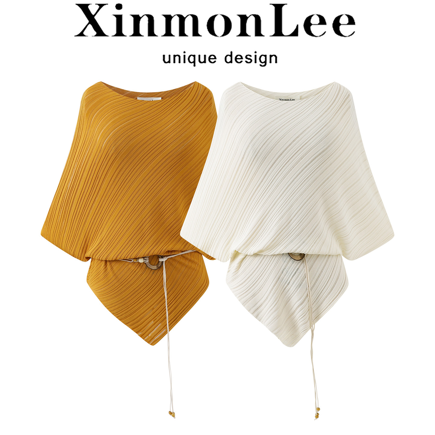 XinmonLee蝙蝠袖针织衫不规则女夏季宽松优雅一字肩薄款上衣短袖 - 实物图