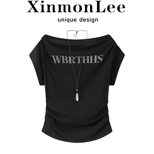 XinmonLee韩系简约气质一字领短袖T恤夏短款褶皱收腰亲肤显瘦上衣