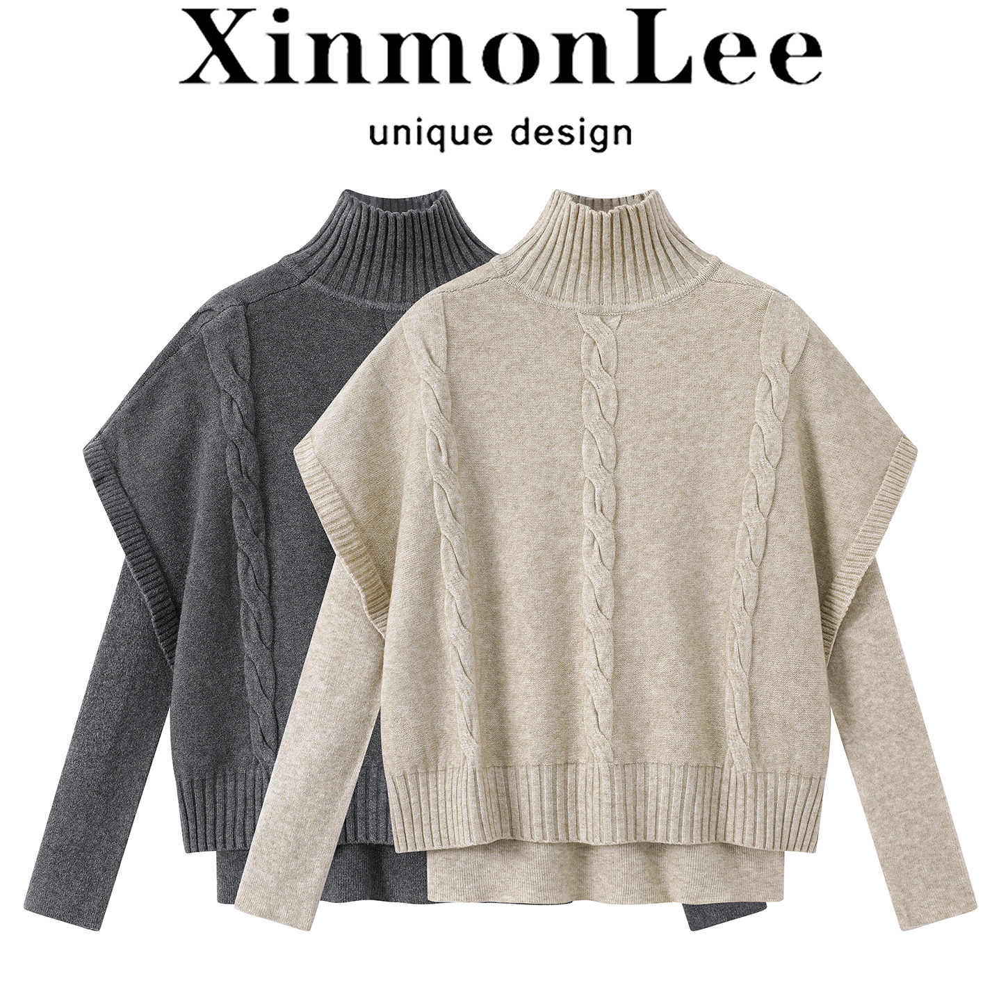XinmonLee高领麻花毛衣斗篷披肩慵懒韩系叠穿套装冬季打底针织衫
