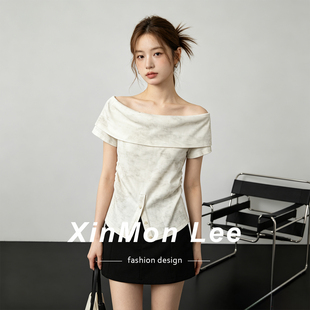 XinmonLee辣妹气质一字肩拼接扎染短袖针织衫T恤修身开叉上衣夏季