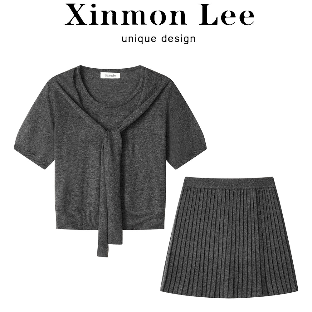 XinmonLee高级感针织套装拼接披肩短袖圆领T恤秋季高腰百褶半身裙