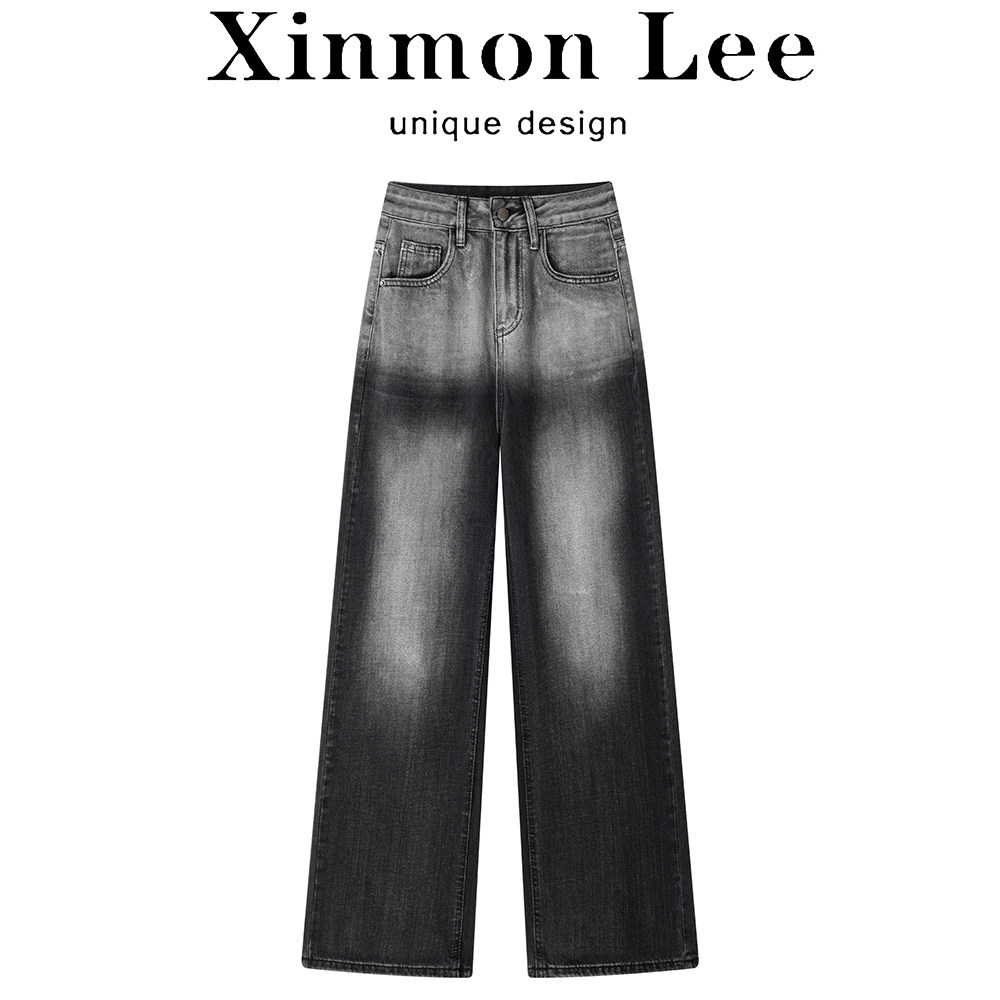 XinmonLee设计感黑色渐变秋季阔腿牛仔裤高腰直筒百搭气质拖地裤