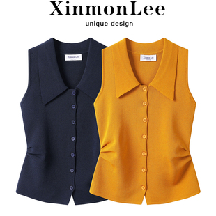 XinmonLee高级感气质甜辣无袖南瓜色针织衫修身显瘦T恤别致上衣夏