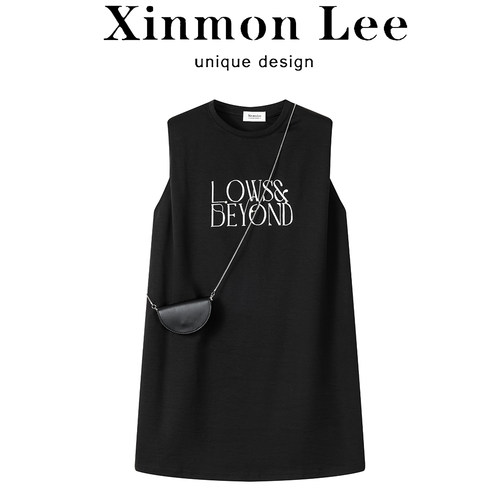 XinmonLee韩版宽松百搭无袖字母印花直筒连衣裙夏季显瘦背心裙女