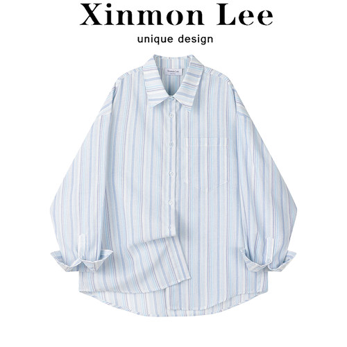 XinmonLee韩版蓝色条纹POLO领长袖衬衫早秋休闲百搭中长款衬衣