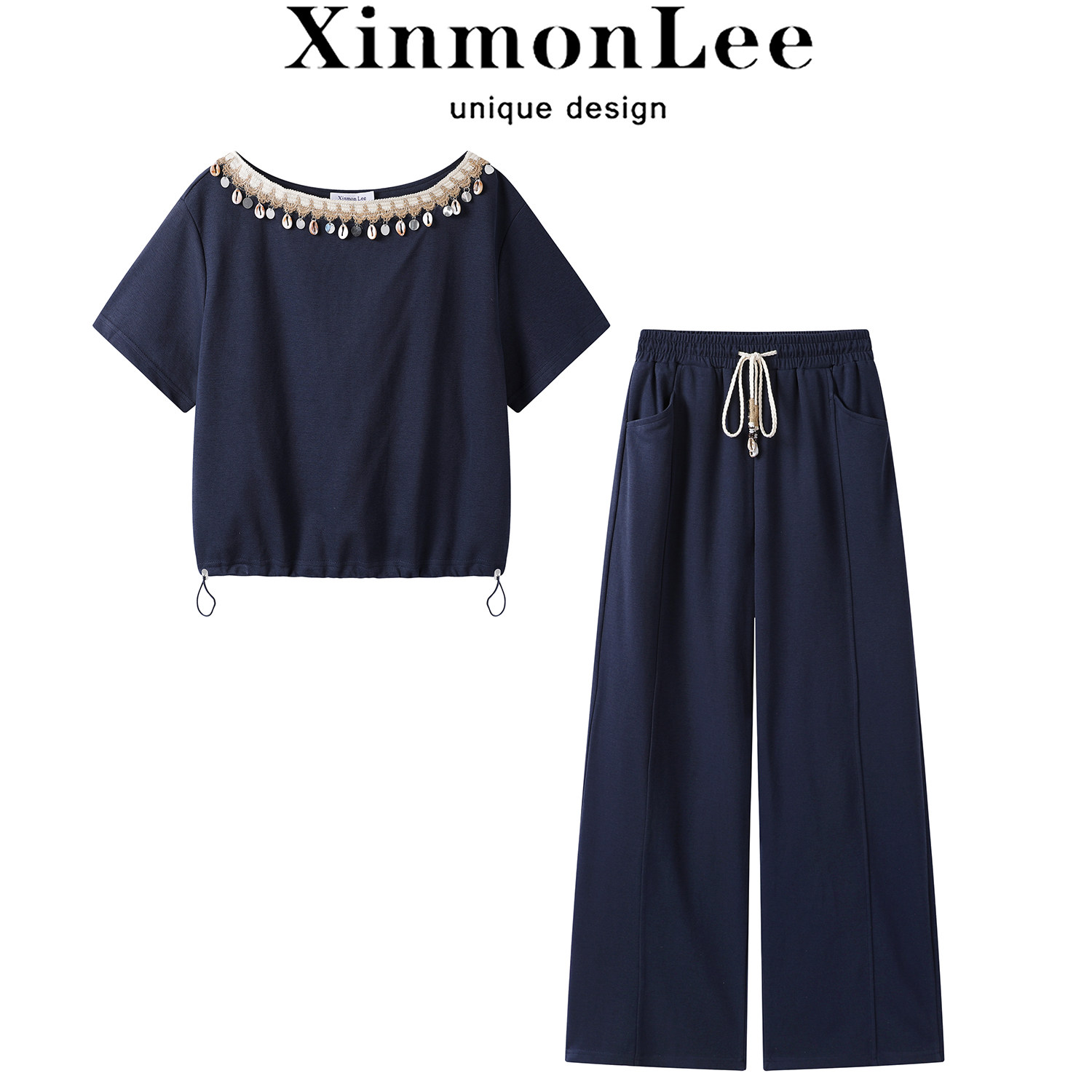 XinmonLee时尚减龄百搭卫衣两件套立体贝壳短袖上衣夏季休闲长裤