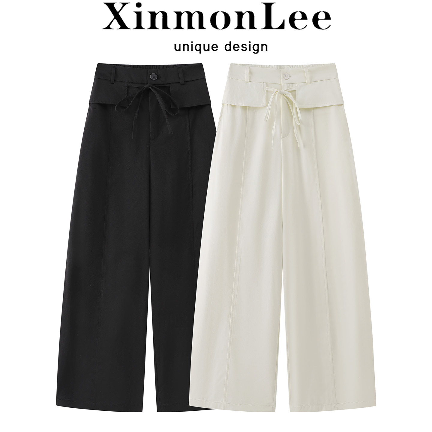 XinmonLee韩版高腰阔腿裤春夏宽松显瘦百搭休闲裤松紧腰绑带长裤