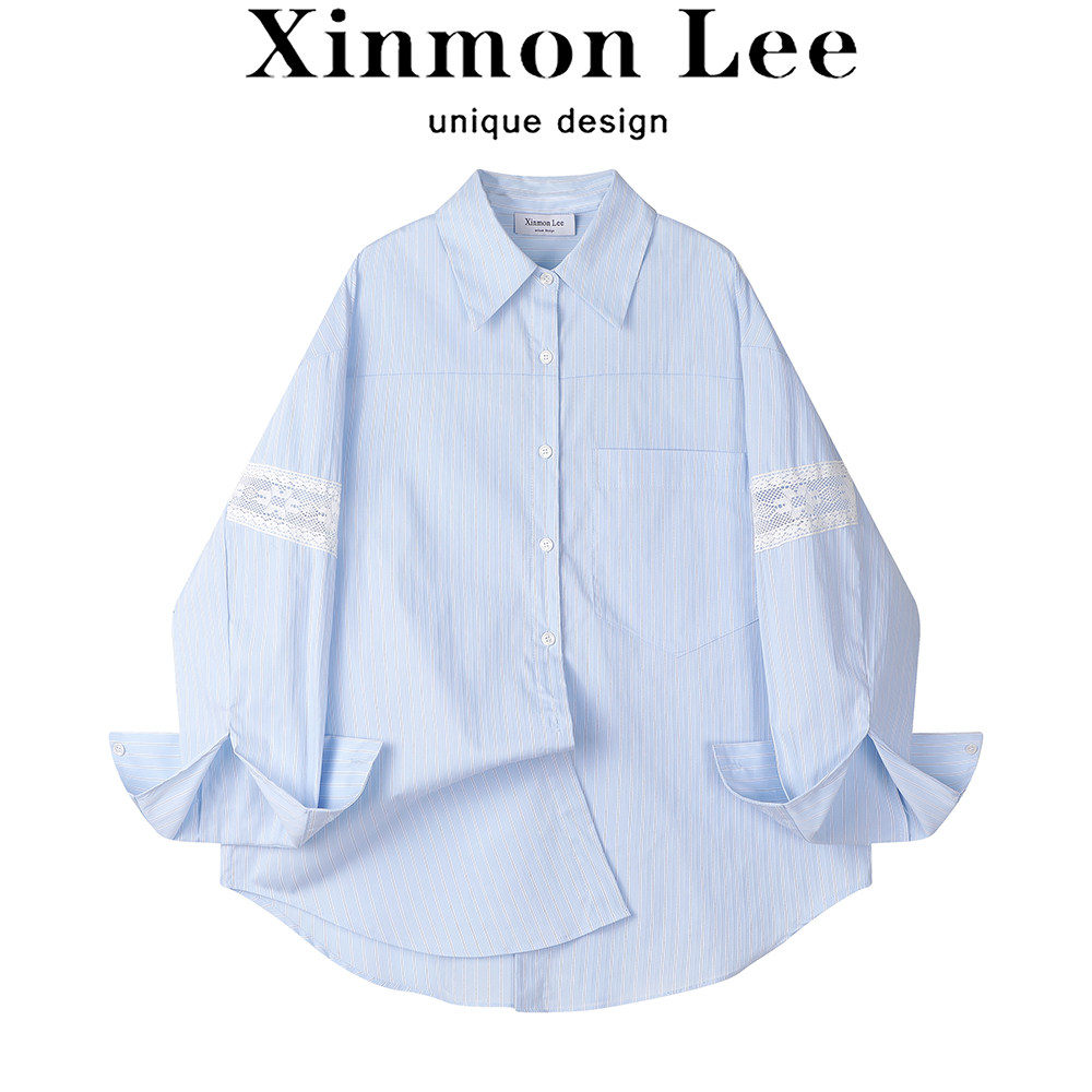 XinmonLee韩版气质独特别致镂空拼接蕾丝复古条纹衬衫显瘦女早秋
