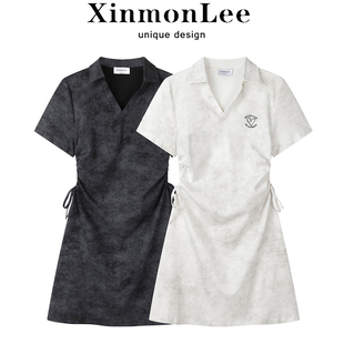 XinmonLee设计感扎染POLO连衣裙夏季美式复古收腰显瘦A字裙女