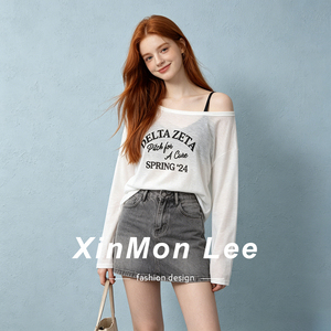 XinmonLee甜辣防晒露肩罩衫长袖宽松显瘦简约百搭斜肩上衣套装夏