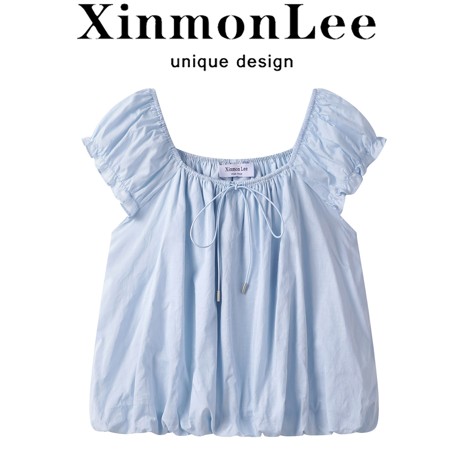 XinmonLee云水蓝韩版拼接木耳边短款花苞小衫2026夏季复古减龄T恤