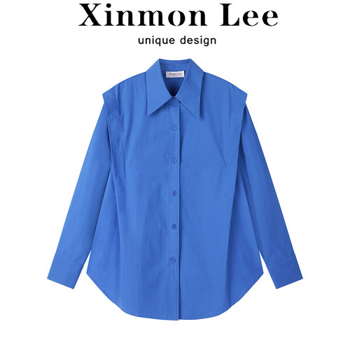 XinmonLee克莱因蓝色韩版复古慵懒风衬衫早秋气质宽松长袖衬衣女