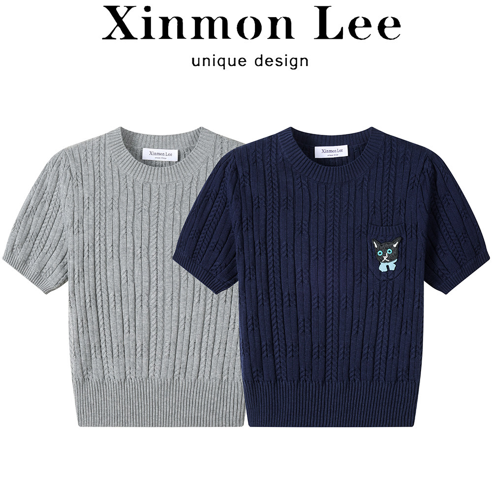 XinmonLee气质复古麻花圆领短袖针织衫夏上衣女修身显瘦百搭休闲
