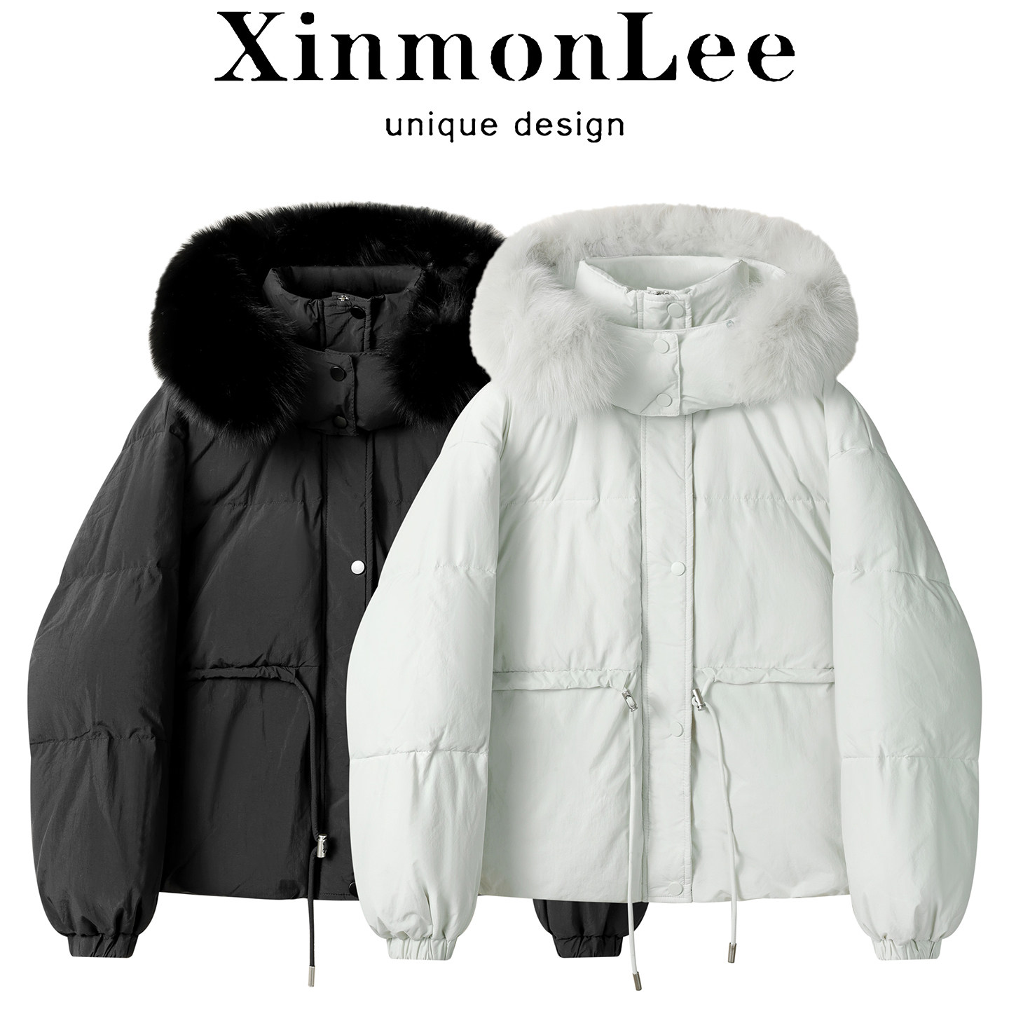 XinmonLee洋气甜美减龄毛领连帽短款羽绒服抽绳外套轻薄面包服冬