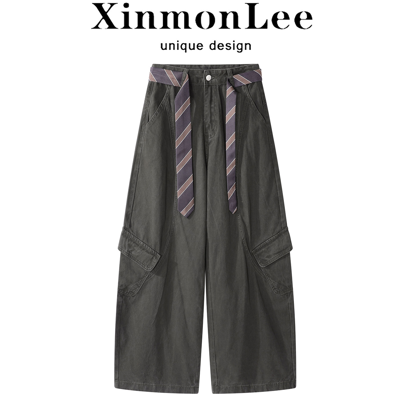 XinmonLee高级感复古军绿色阔腿工装牛仔裤秋季百搭领带显瘦裤子