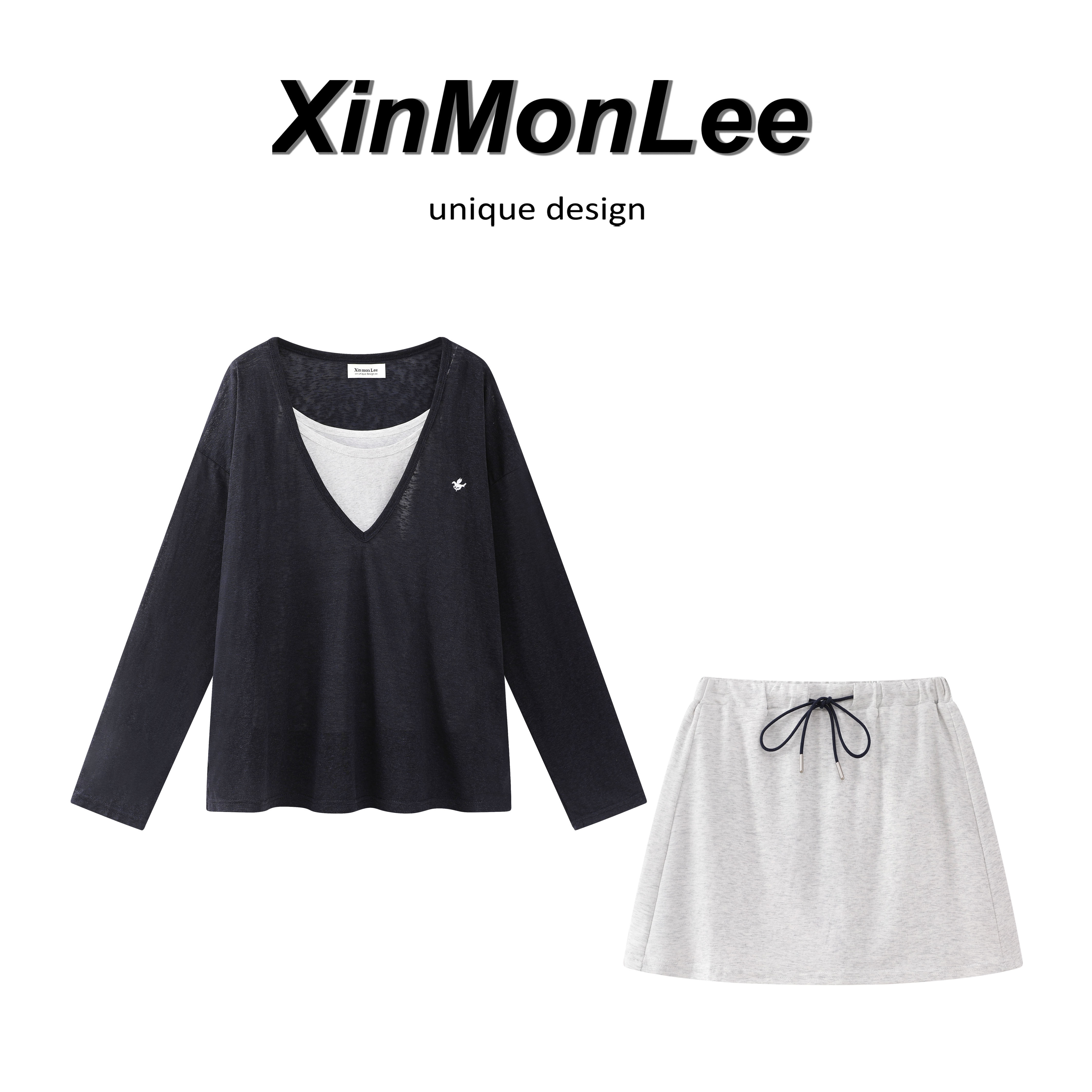 XinmonLee复古藏青V领刺绣防晒罩衫吊带背心亲肤减龄套装半身裙夏