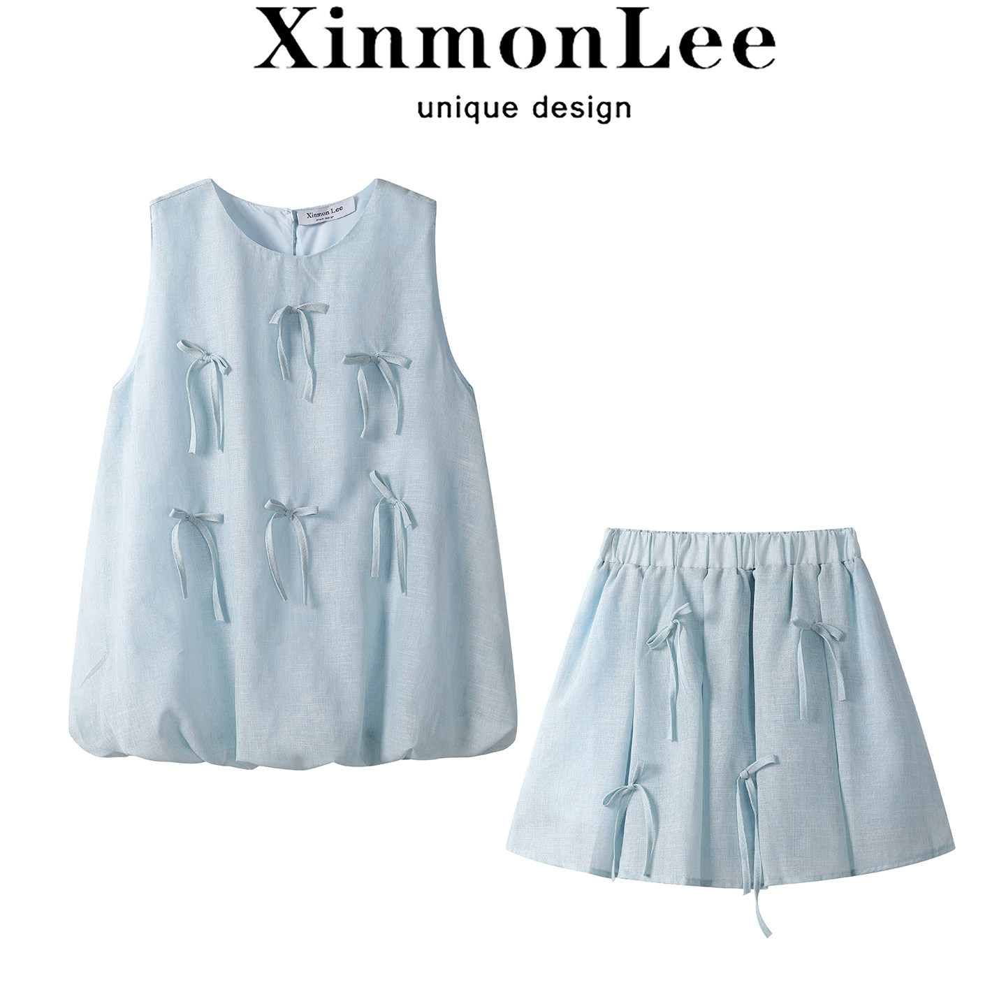 XinmonLee高级感减龄蓝色吊带花苞背心夏季韩系蝴蝶结短裙套装女