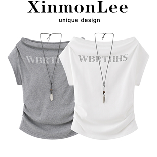 XinmonLee韩式字母印花短袖T恤夏季一字领褶皱设计感减龄短款上衣