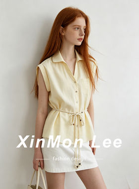 XinmonLee高级感韩式黄色衬衫女2026夏季翻领短袖收腰衬衣上衣