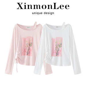 XinmonLee轻薄防晒亲肤短款长袖T恤假两件夏季抽绳设计感百搭显瘦