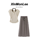 XinmonLee夏季气质减龄修身显瘦假两件挂脖T恤百搭条纹半身裙套装