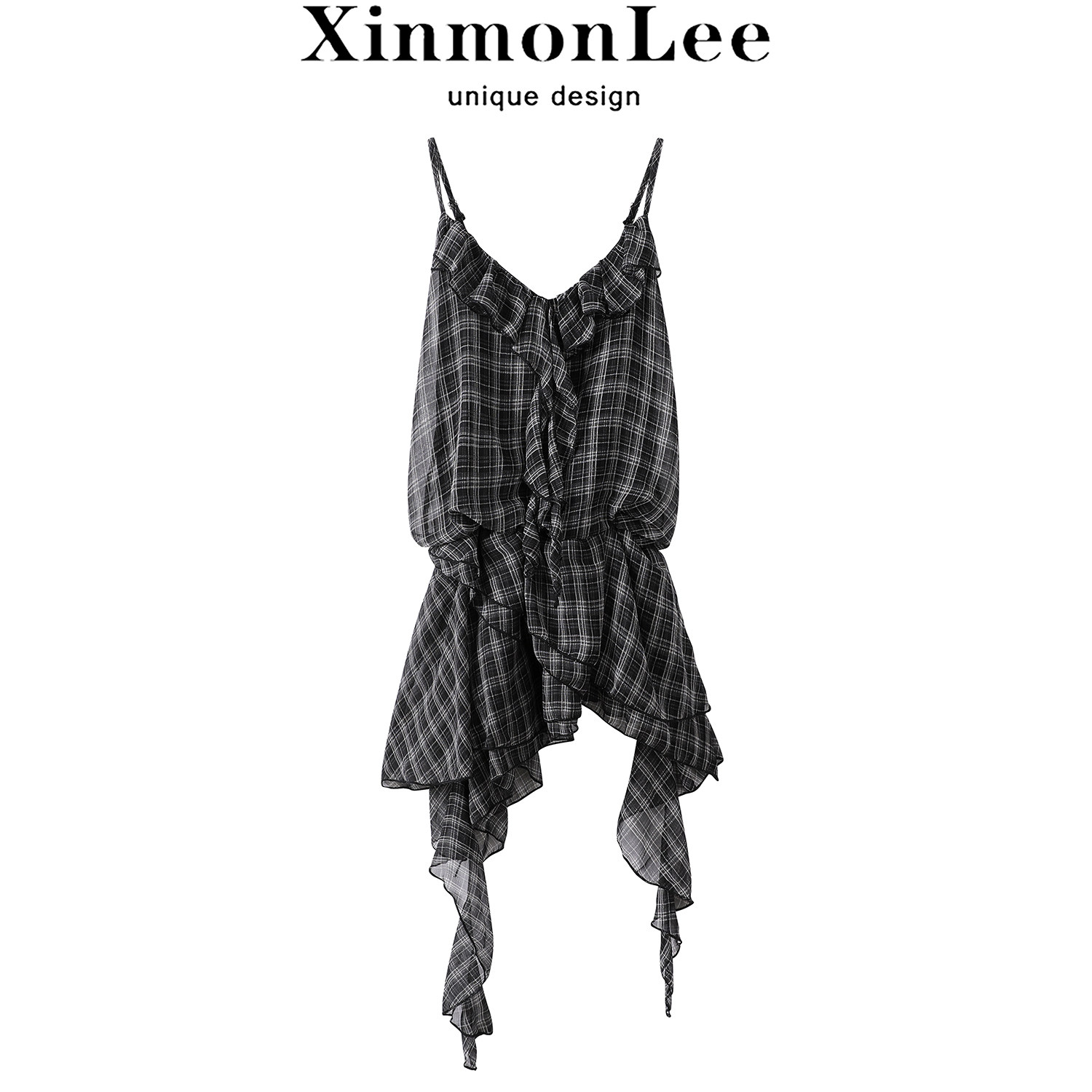 XinmonLee纯欲风韩版格纹吊带衬衫夏无袖收腰甜辣显瘦荷叶边拼接