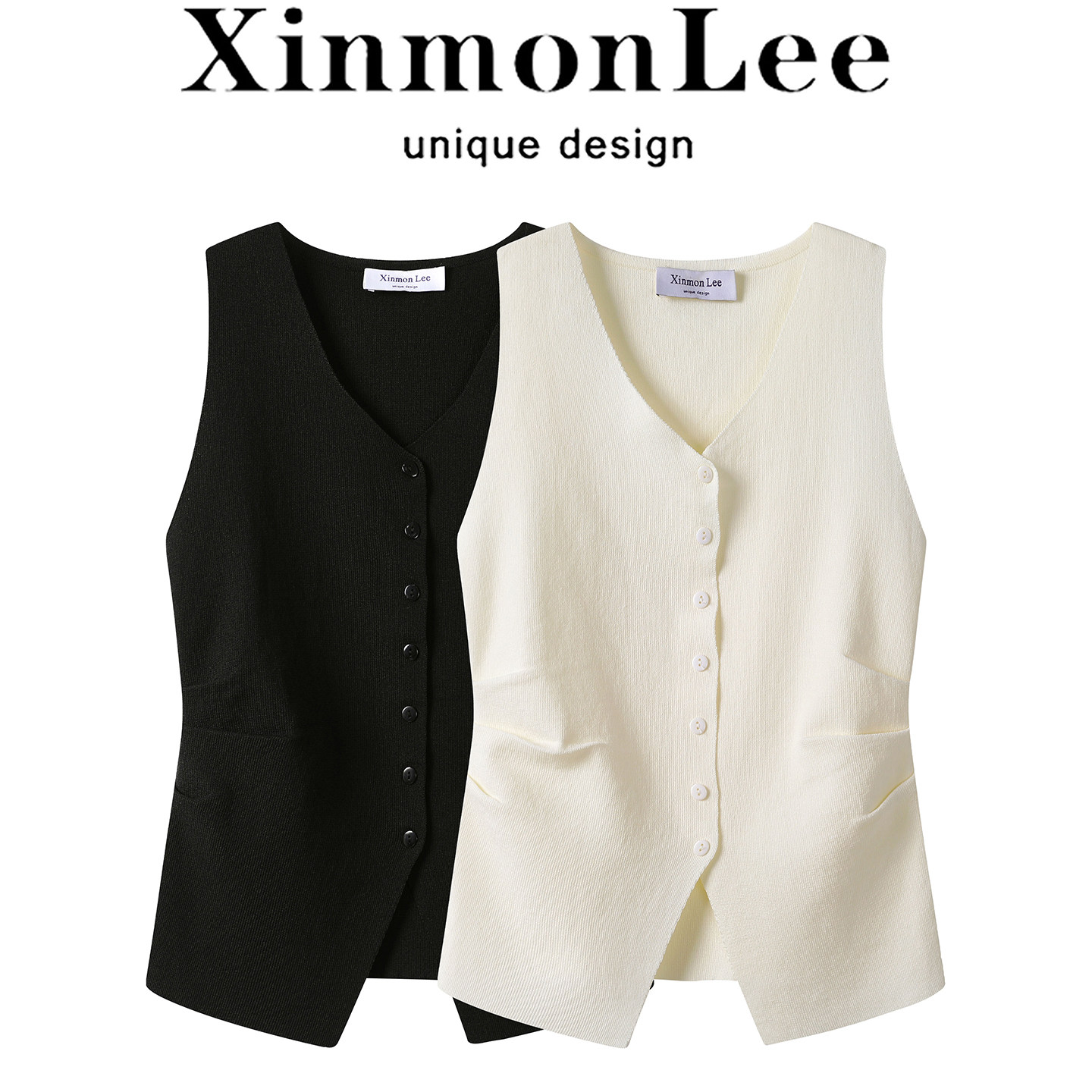 XinmonLee洋气别致无袖甜辣针织吊带背心马甲单排扣显瘦短款上衣