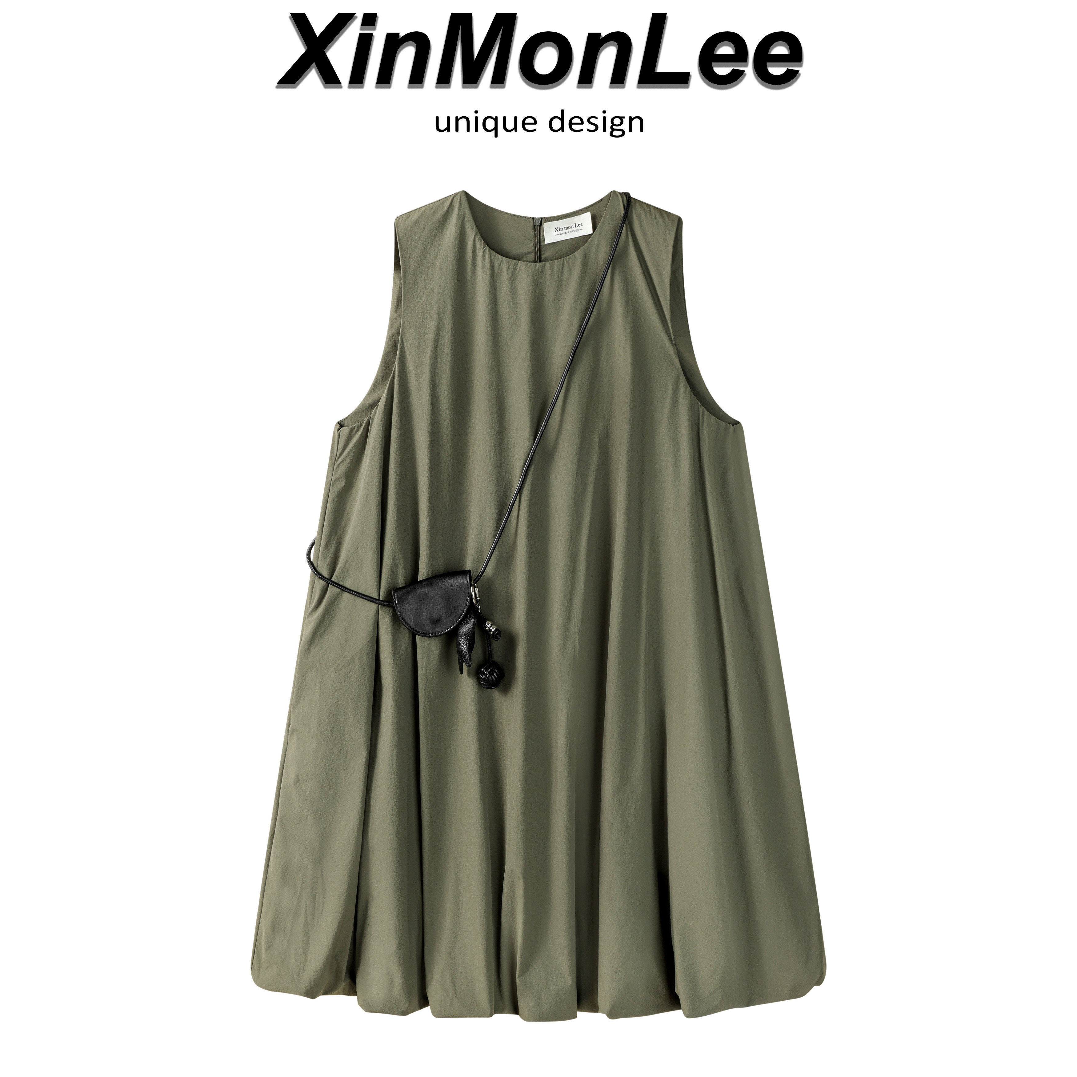 XinmonLee气质减龄军绿色无袖连衣裙夏季韩系显瘦复古背心花苞裙 - 实物图