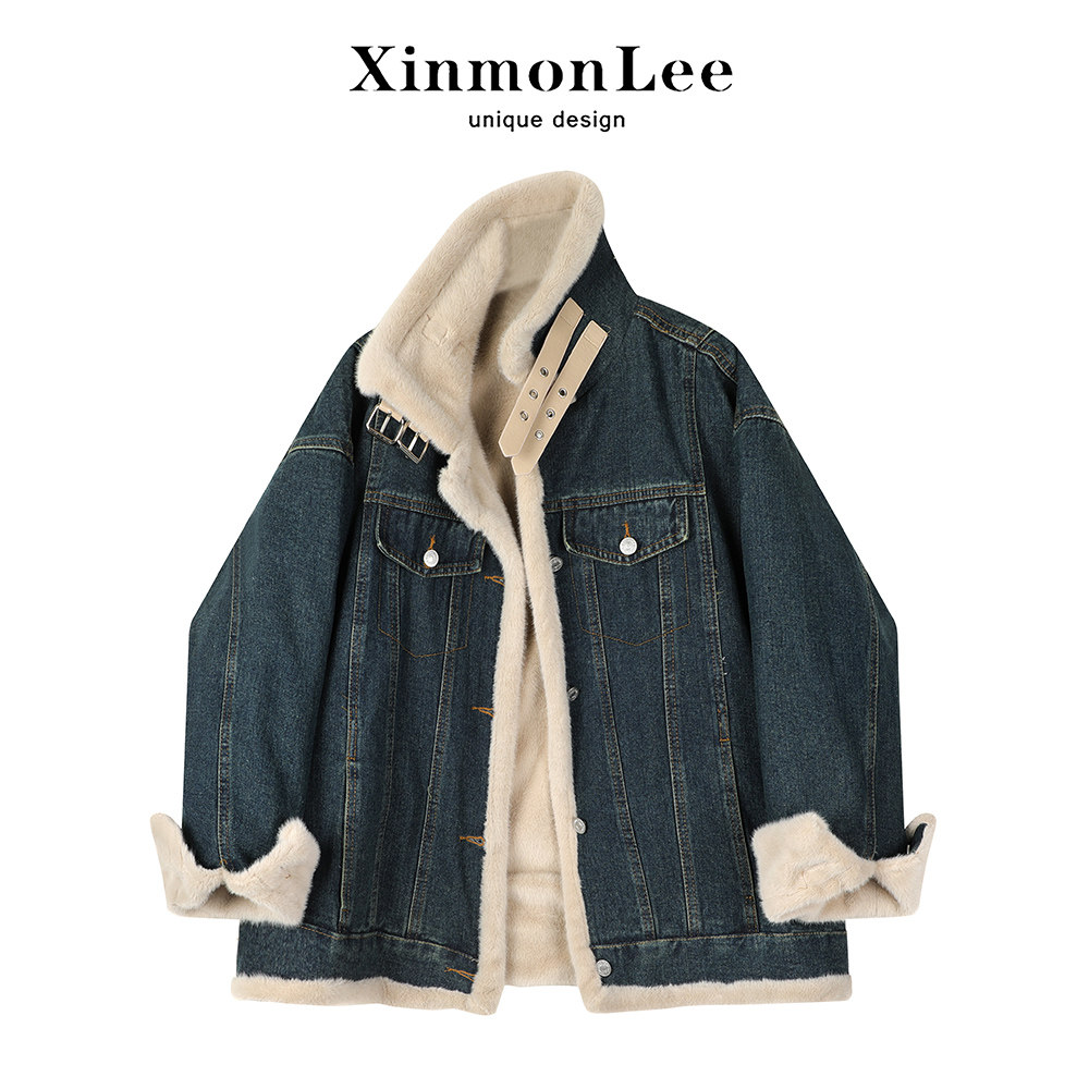 XinmonLee韩版百搭机车牛仔加绒外套女冬季2025新款加厚夹克棉服