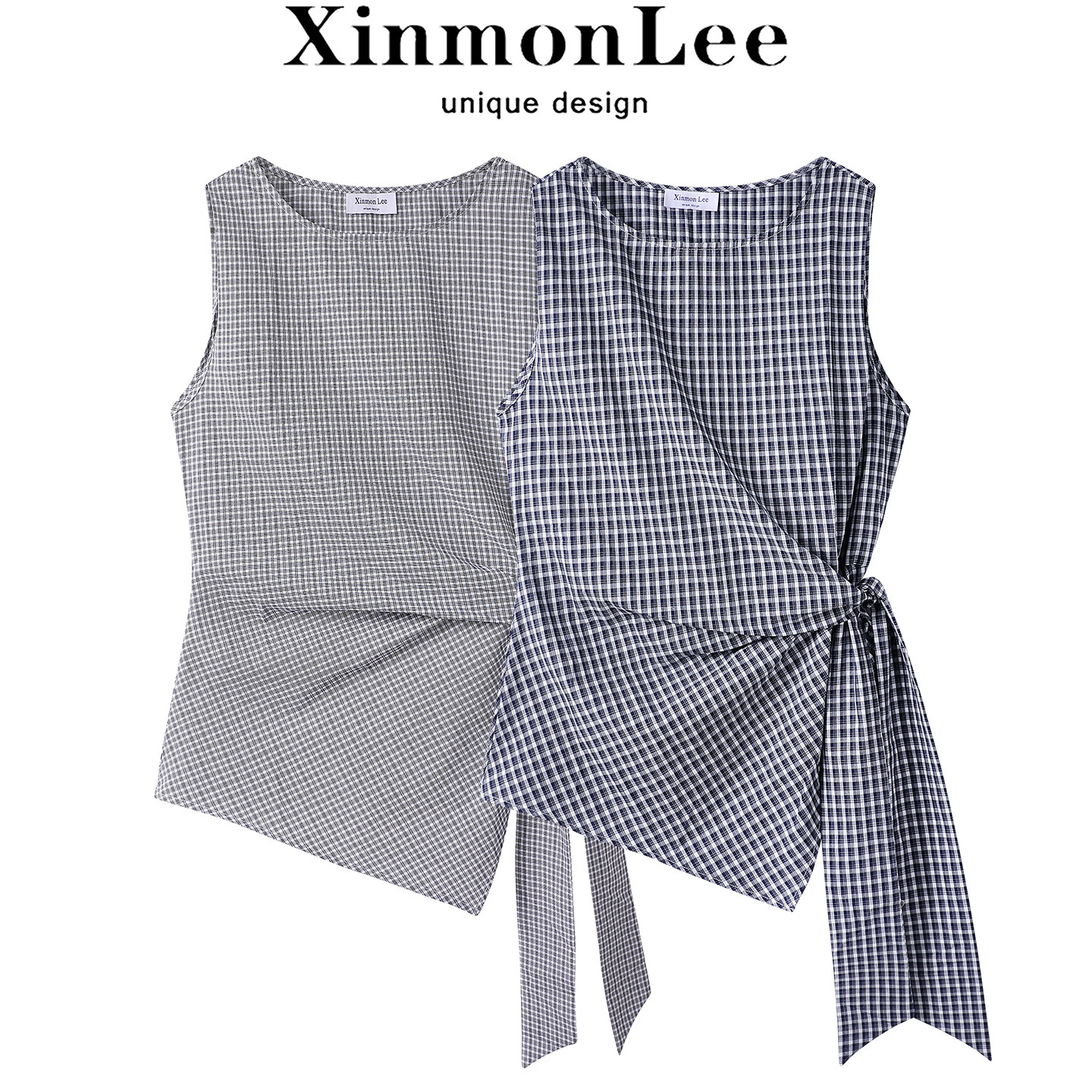 XinmonLee韩版复古格纹撞色无袖吊带背心夏季新款收腰绑带上衣女