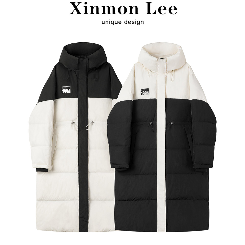 XinmonLee高级感连帽拼接中长款羽绒服冬季女收腰气质设计感外套