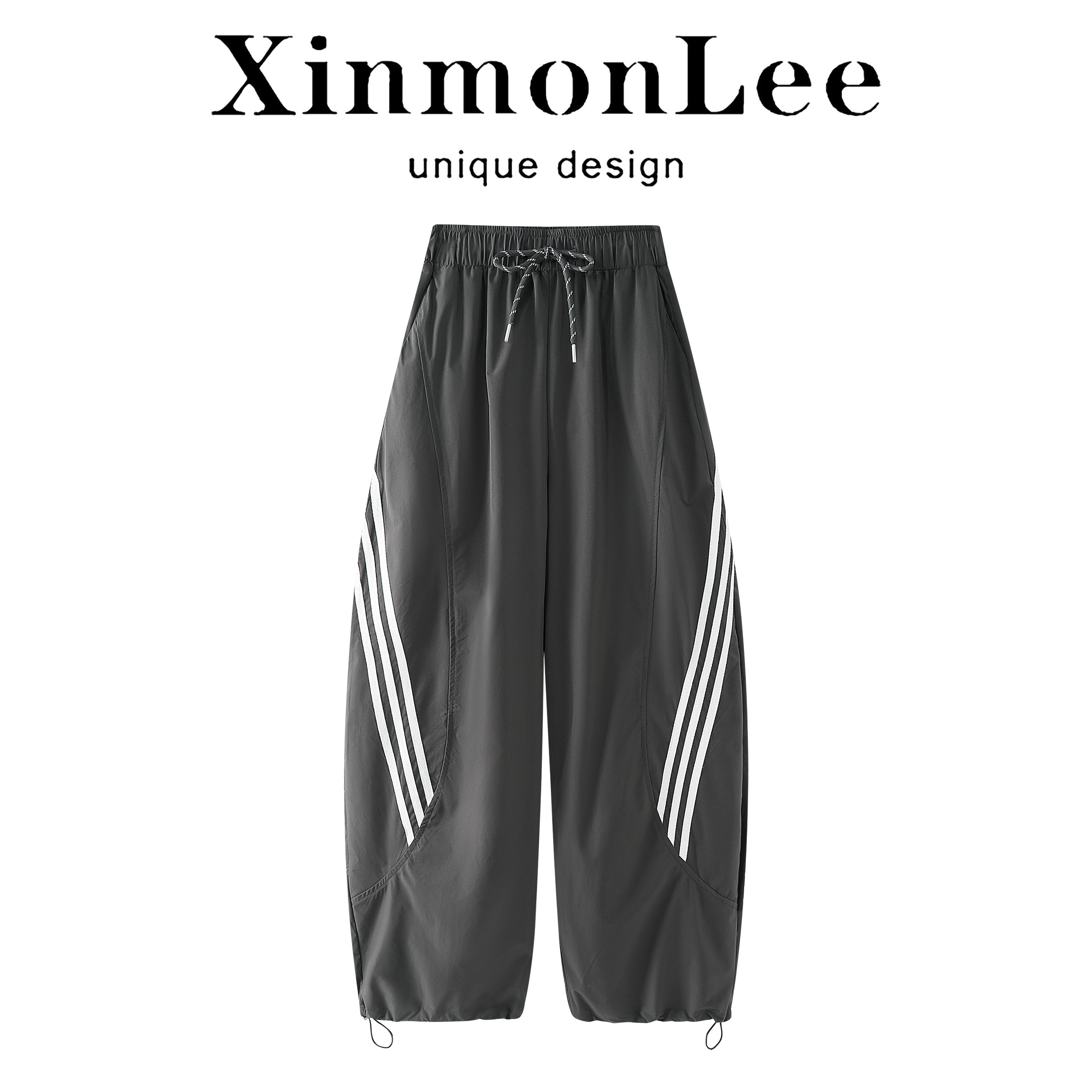 XinmonLee高腰条纹阔腿裤女夏季宽松运动风工装裤亲肤透气弯刀裤