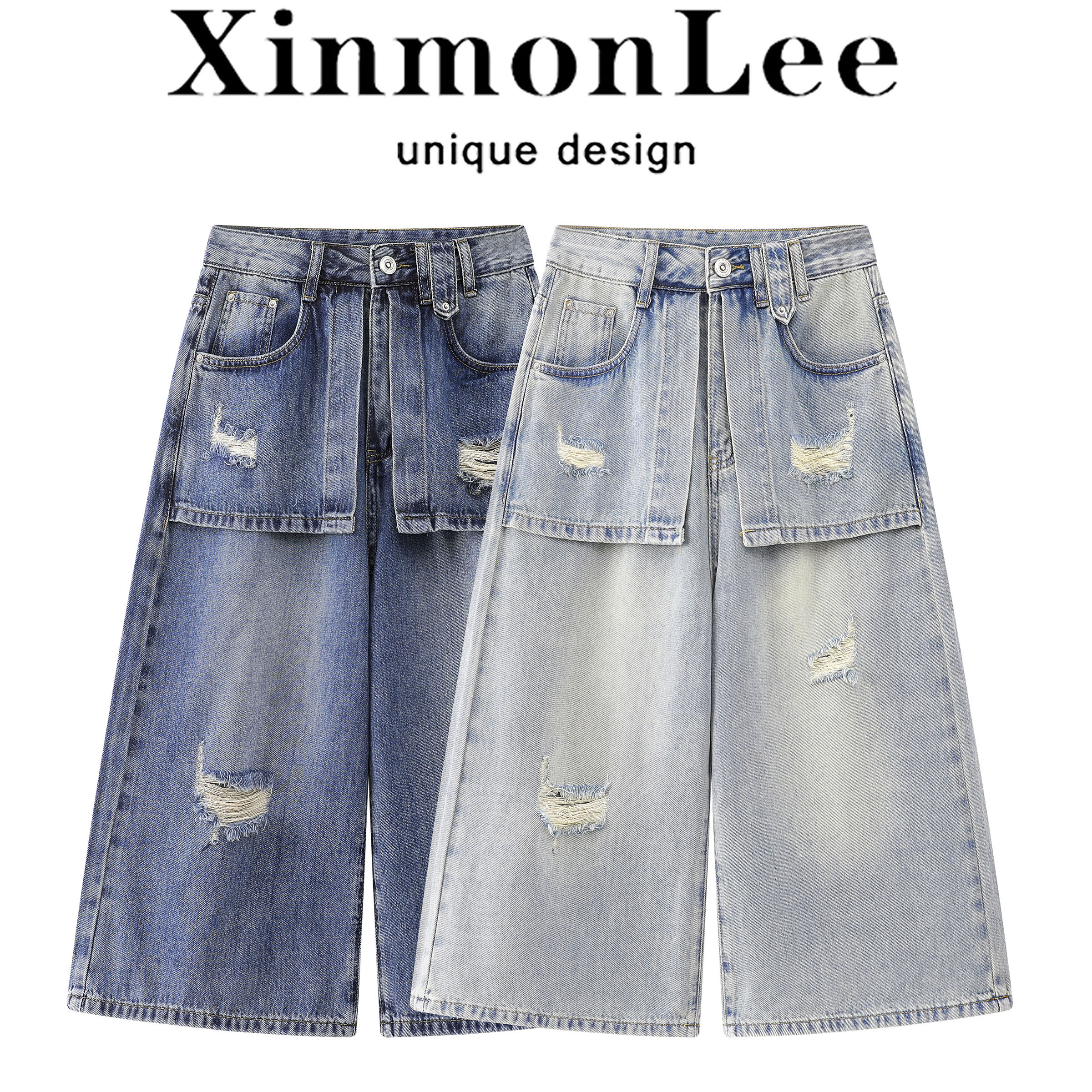 XinmonLee韩式破洞高腰阔腿牛仔裤夏季宽松显瘦浅色七分裤假两件