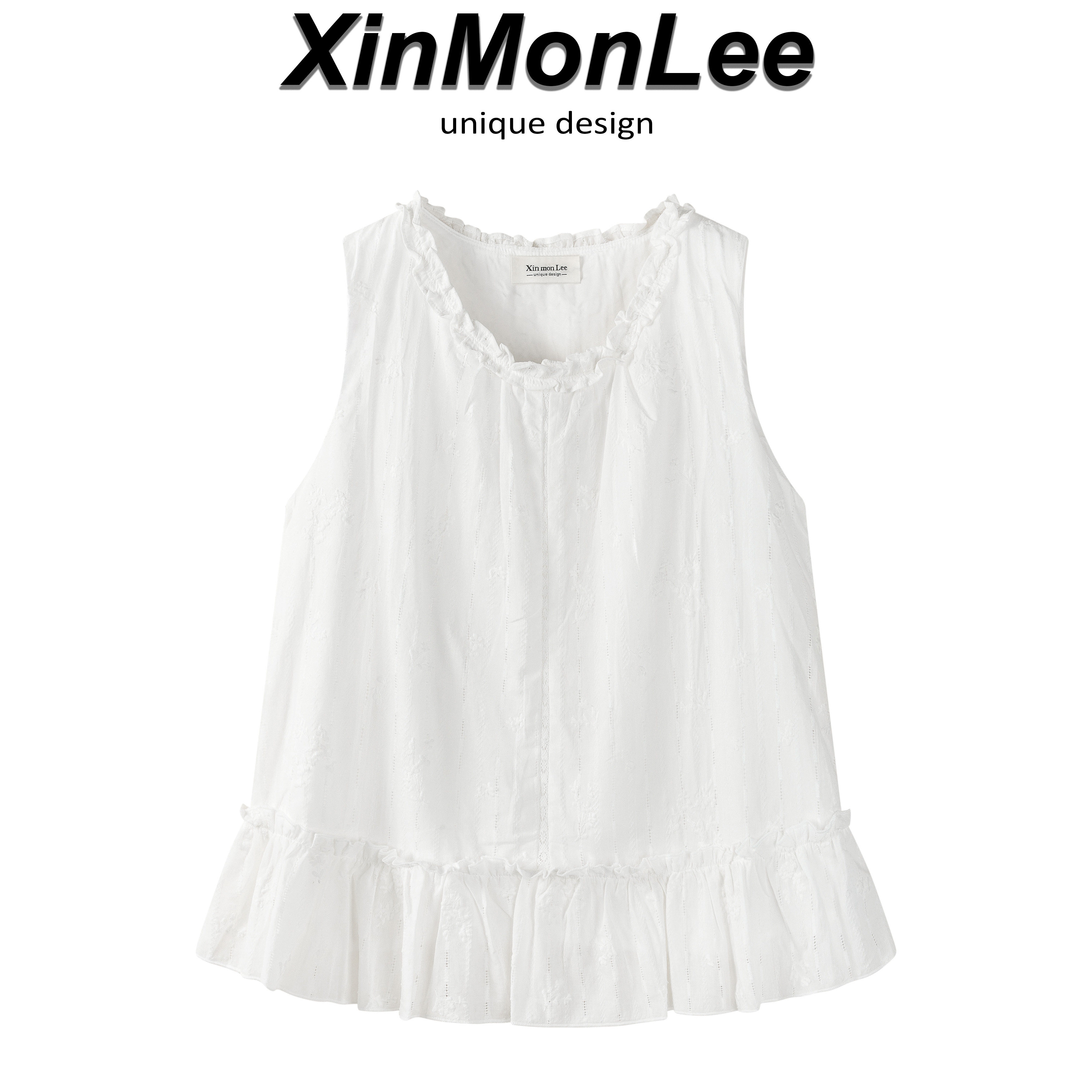 XinmonLee提花刺绣设计感花边圆领背心小衫夏季无袖甜美法式上衣