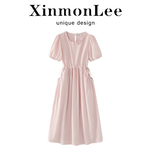 XinmonLee法式圆领泡泡袖连衣裙女士夏季抽绳收腰A字裙显瘦花边领
